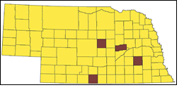 Feral hogs map. Legend: Feral hog presence (brown); feral hog absence (yellow). (Courtesy James Merchant, Center for Advanced Land Management  Information Technologies, University of Nebraska-Lincoln)