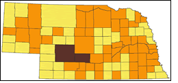 Common reed map. Legend: Phragmites (none reported), yellow; phragmites (some reported), orange; phragmites (significant infestation), brown. (Courtesy Howard Russell, Michigan State University)