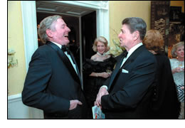 William F. Buckley Jr. and President Ronald Reagan at Reagan’s birthday party, 1986. (Photo courtesy of White House Photo Office)