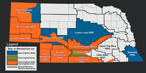 Figure 2. Moratoriums on new groundwater wells/irrigation acres. (Source NDNR 020907)